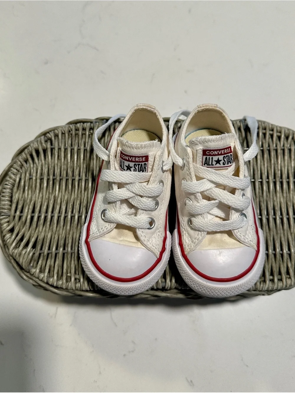 Converse Kids White Canvas All Star Sneakers with Red Trim